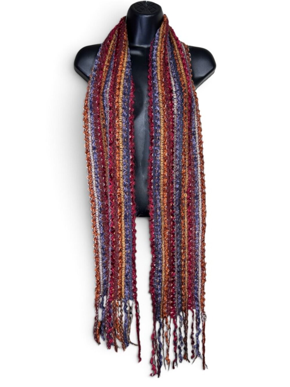 Hand Knit Scarf Vintage Multicolor Stripe Pattern Fringe Customizable OSFM